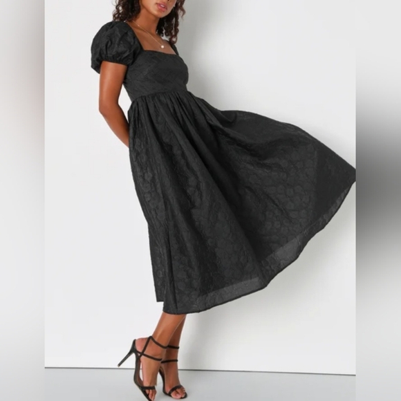 Lulus Adorable Mood Black Floral Jacquard Puff Sleeve Babydoll Dress Size M - Picture 1 of 13